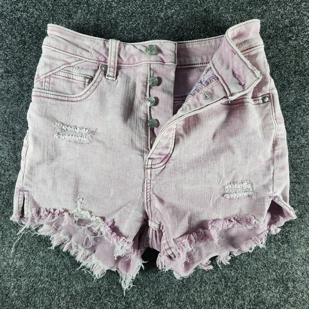 We The Free Free People CRVY‎ Pink Distressed Denim Shorts Button Fly Womens 25
